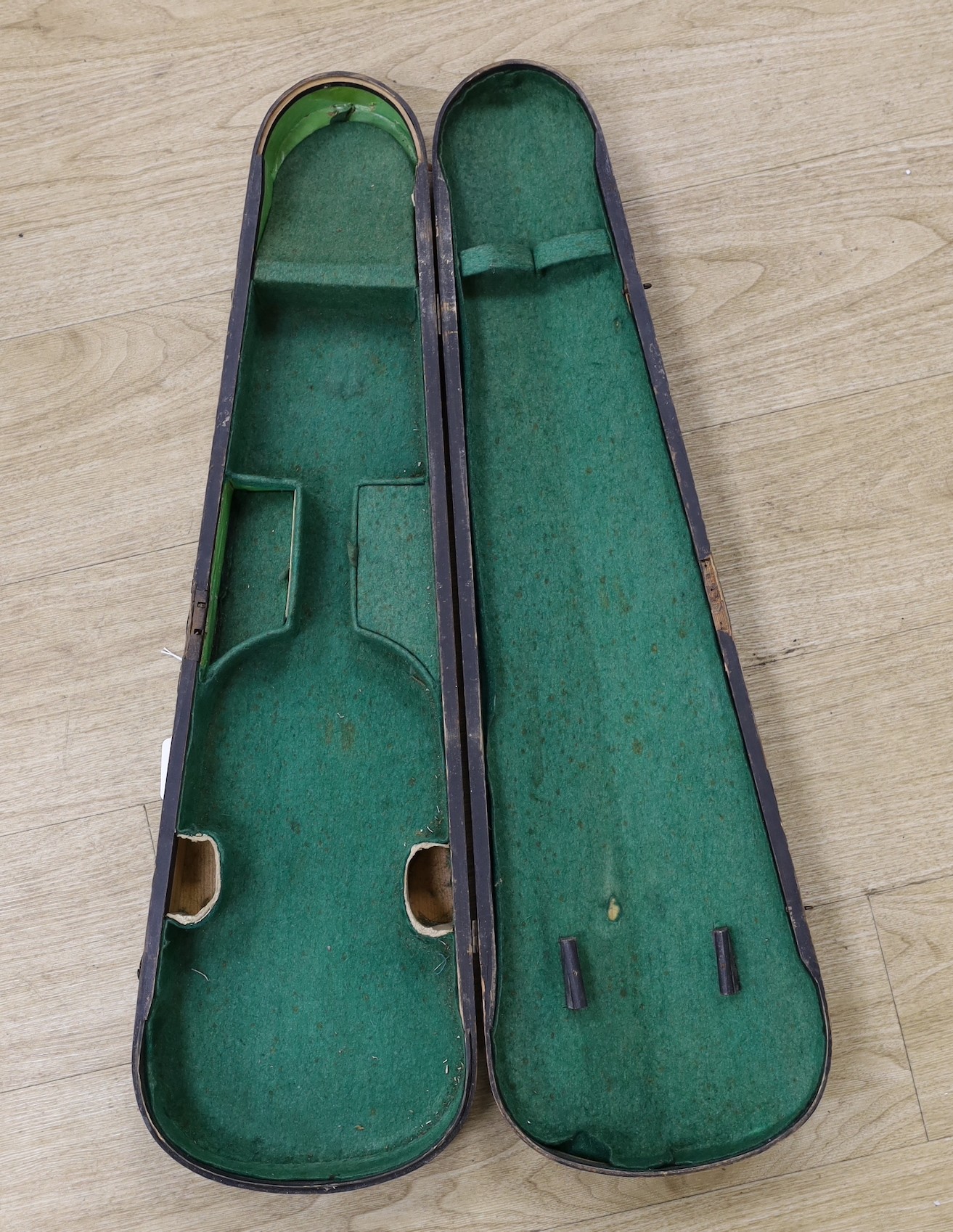 A wooden coffin style violin case, 79cm long